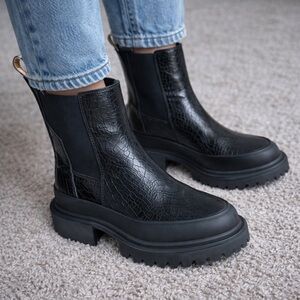 AllSaints Black Croc Embossed Leather Chelsea Boots Platform  chunky